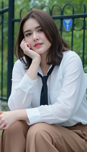 A young Asian woman with long brown hair sits pensively on her knees, clad in a crisp white button-down shirt and flowing brown skirt. Her posture is relaxed, yet deliberate, as she holds a glass of liquid in her right hand and rests her left on her hip. A black tie adds a touch of sophistication to her outfit. The background, blurred with greenery, features a black metal fence with a blue sign, creating a sense of depth and mystery.