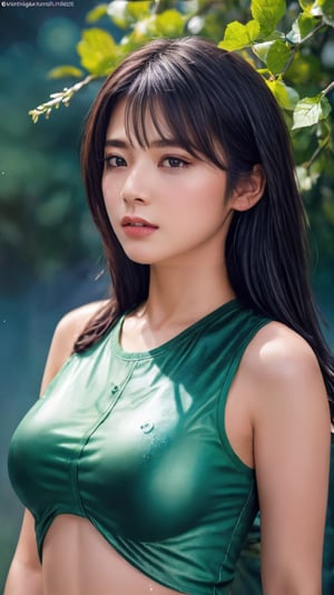 (1girl:1.1),stars in the eyes,(pure girl:1.1),upper_body,There are many scattered luminous petals,green theme,bubble, contour deepening,white_background,cinematic angle,character in the lower right corner,adhesion,tight clothing, flowing liquid,blue_IDphoto,