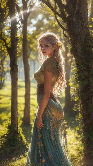In a dappled, ancient forest ruin, an Elf Princess stands tall, her staff raised high as beams of warm sunlight filter through the trees, casting a golden halo around her regal figure. Her revealing, enchanted clothing shimmers in the soft light, while lush foliage and vines surround her, creating a lush environment. The camera captures a sharp focus on the princess's face, with the rule of thirds composition placing her at the intersection of two diagonals. Shot during the golden hour, the scene exudes an ethereal mood, inviting the viewer to step into this mystical realm., ,fantasy,better_hands,leonardo,Enhance