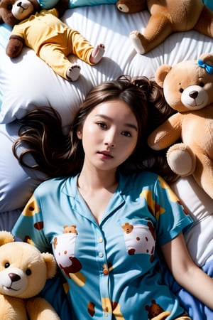 tiny_girl, 1girl,petite, skinny, Portrait Of beautiful brown haired girl wearing pajama with perky breasts lying on back surrounded by tedy bears on bed art by Mike Mayhew and Mark brooks and Ross Tran 8K Resolution,Extremely Realistic, sm,t4ni4,