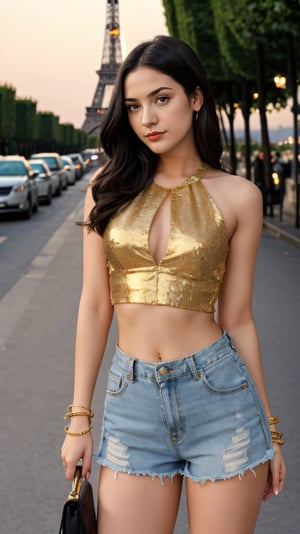 A stunning masterpiece! A young girl, 25 years old, stands confidently on the charming streets of Paris. Her short, dark hair falls just above her eyebrows, framing her heart-shaped face and striking features. She wears a fitted crop top and high-waisted shorts that showcase her toned legs. Her hands are adorned with intricate bracelets that catch the golden light of the setting sun. Her detailed eyes sparkle with mischief, while her full lips curve into a sly smile, as if sharing a secret. The city's iconic landmarks, like the Eiffel Tower, provide a majestic backdrop to this captivating scene.