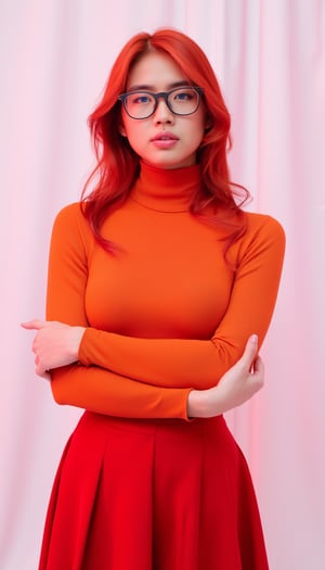 Vibrant red-haired woman stands confidently, arms wrapped around her waist, in front of a stark white backdrop subtly tinged with pink. Her fiery locks cascade down her shoulders, framing her heart-shaped face. She wears an orange turtleneck, flowing red skirt, and sleek black-rimmed glasses. Her piercing blue eyes sparkle beneath soft pink lips. The overall palette pops against the monochromatic background, drawing attention to her bold presence.