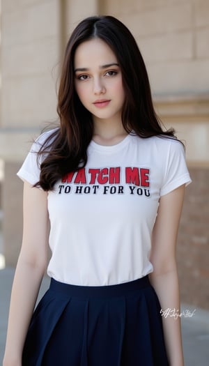 Captured at eye-level, a medium-sized young woman with long dark brown hair, wearing a white fitted t-shirt and a navy pleated miniskirt. The woman's shirt reads "Watch Me" in bold red letters, "To Hot For You" in black letters. Dynamic pose The background is blurred, with a building on the right side of the frame. 