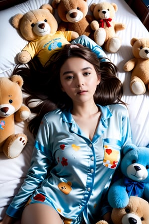 tiny_girl, 1girl,petite, skinny, Portrait Of beautiful brown haired girl wearing pajama with perky breasts lying on back surrounded by tedy bears on bed art by Mike Mayhew and Mark brooks and Ross Tran 8K Resolution,Extremely Realistic, sm,t4ni4,