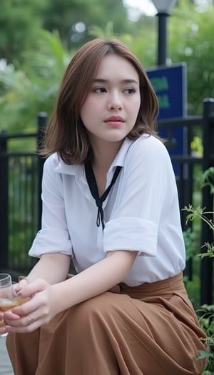 A young Asian woman with long brown hair sits pensively on her knees, clad in a crisp white button-down shirt and flowing brown skirt. Her posture is relaxed, yet deliberate, as she holds a glass of liquid in her right hand and rests her left on her hip. A black tie adds a touch of sophistication to her outfit. The background, blurred with greenery, features a black metal fence with a blue sign, creating a sense of depth and mystery.