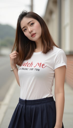 Captured at eye-level, a medium-sized woman with long dark brown hair, wearing a white fitted t-shirt and a navy pleated miniskirt. The woman's shirt reads "Watch Me" in bold red letters, "To Hot For You" in black letters. Dynamic pose The background is blurred, with a building on the right side of the frame. 