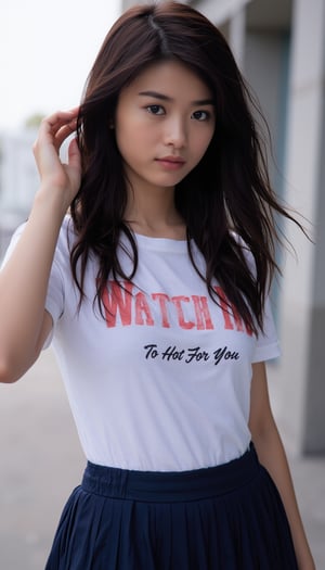 Captured at eye-level, a medium-sized young woman with long dark brown hair, wearing a white fitted singlet and a navy pleated miniskirt. The woman's shirt reads "Watch Me" in bold red letters, "To Hot For You" in black letters. Dynamic pose The background is blurred, with a building on the right side of the frame. 