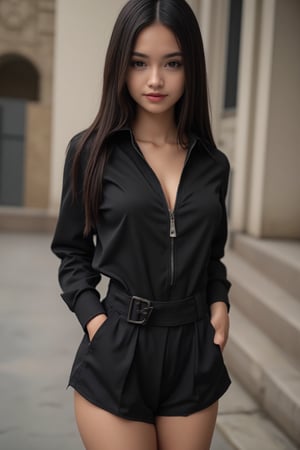 A youthful woman, her raven locks cascading down her back, stands confidently in a dynamic pose. Wearing a black romper half zip, cleverly conceals her modesty. The blurred background allows the building on the right to subtly frame her striking figure, drawing attention to her captivating presence,romper