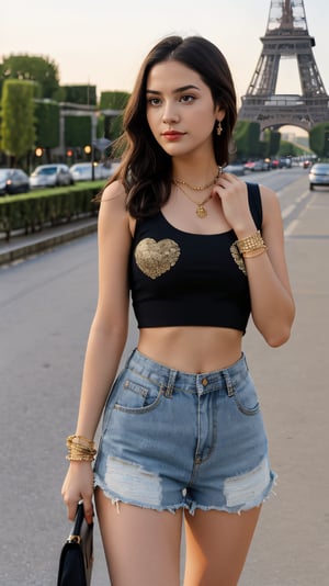A stunning masterpiece! A young girl, 25 years old, stands confidently on the charming streets of Paris. Her short, dark hair falls just above her eyebrows, framing her heart-shaped face and striking features. She wears a fitted crop top and high-waisted shorts that showcase her toned legs. Her hands are adorned with intricate bracelets that catch the golden light of the setting sun. Her detailed eyes sparkle with mischief, while her full lips curve into a sly smile, as if sharing a secret. The city's iconic landmarks, like the Eiffel Tower, provide a majestic backdrop to this captivating scene.