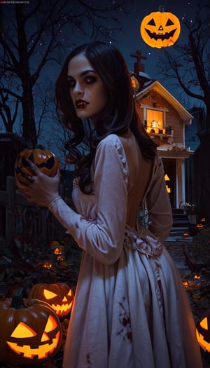 score_9, score_8_up, score_7_up, realistic, 1girl, fangs, on the dark, holding jack-o'-lantern, back yard, old scary house, gosh, dark sky, wearing medeival dress, vampire , bath, halloween,halloween themed