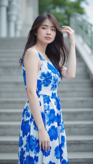 A medium-sized Asian woman stands at eye-level, poised in front of gray stairs. Her cascading hair falls over her shoulders as she rests her left hand on her hip. A sleeveless dress with blue flower pattern adds vibrant color to the scene. The blurred background creates a striking contrast to her dress, drawing attention to her figure.