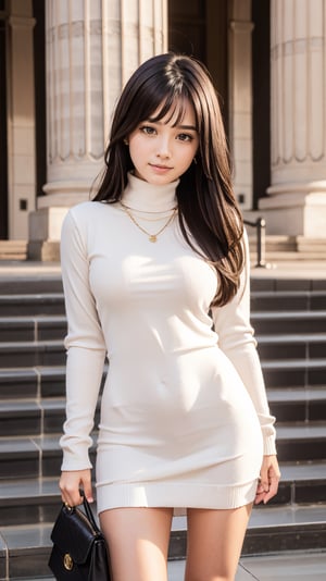 background is the Arc de Triomphe,triumphal arch,Paris,
18 yo, 1 girl, beautiful korean girl,
wearing tight black sweater(turtle neck,simple),tight leather short skirt,black long boots,shoulder bag, smile, solo, {beautiful and detailed eyes}, dark eyes, calm expression, delicate facial features, ((model pose)), Glamor body type, (dark hair:1.2), simple tiny earrings, simple tiny necklace,very_long_hair, hair past hip, bangs, curly hair, flim grain, realhands, masterpiece, Best Quality, 16k, photorealistic, ultra-detailed, finely detailed, high resolution, perfect dynamic composition, beautiful detailed eyes, eye smile, ((nervous and embarrassed)), sharp-focus, full_body, cowboy_shot,penis penetration