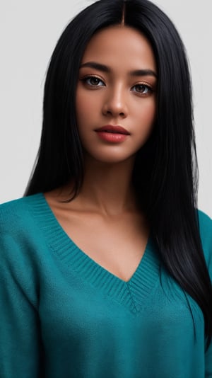 photo, rule of thirds, dramatic lighting, african_american_hair, detailed face, detailed nose, black_woman_wearing_v_neck_turquoise sweater, calm, minimal white background, realism,realistic,raw,analog,black_woman,portrait,photorealistic,analog,realism