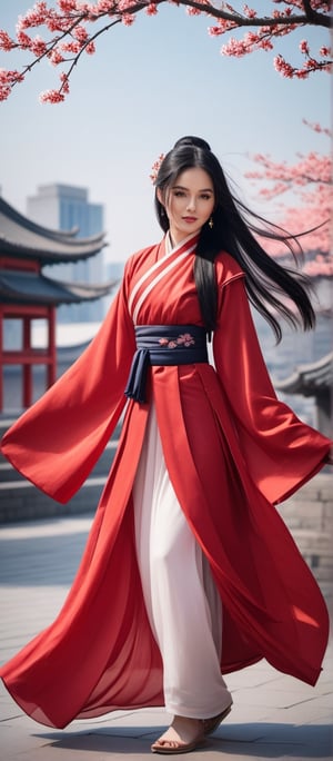 drawing, dramatic, 1girl, 21 years old cute girl, black hair, long hair, floating hair, chinesse red dress, hanfu, petite body, mediumbreasts, standing, simple background, city, windy, spring