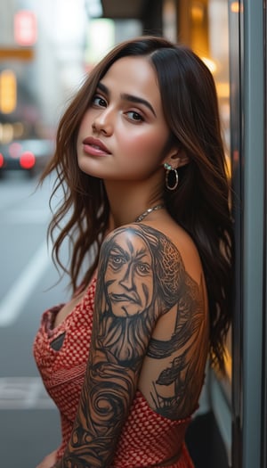 A stunning young woman with a bold tattoo on her arm, poses confidently against the vibrant backdrop of a bustling city. Her oval-shaped face is framed by a radiant glow, accentuating her frosty-pink lips and small earrings. Every detail, from the intricate design on her tattoo to the fine lines on her face, exudes high-quality craftsmanship. The photorealistic image captures the essence of urban beauty.