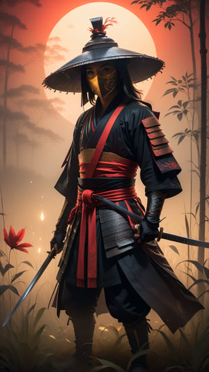 A captivating and enigmatic digital illustration features a shadowy figure, seemingly a warrior or samurai, kneeling amidst a dimly lit, foggy field. The character dons a wide-brimmed straw hat and a mysterious mask, concealing their identity. Their hand grips a magnificent sword with intricate engravings that emit a mesmerizing, fiery red aura. The background reveals a traditional, architectural structure—possibly a temple or shrine—bathed in the soft glow of floating embers or fireflies. The composition by Hans Darias exudes an eerie atmosphere, skillfully blending warm and cool tones to evoke a palpable sense of tension and expectation.,more detail XL