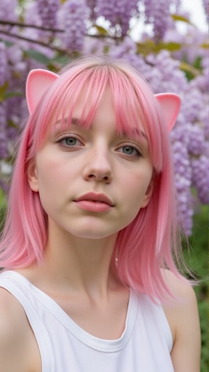 1girl, solo, cute girl with pink hair, pink eyes, wisteria flower background, soft natural light, cat ears, sleeveless white shirt, RAW candid cinema, 16mm, color graded portra 400 film, remarkable color, ultra realistic, textured skin, remarkable detailed pupils, realistic dull skin noise, visible skin detail, skin fuzz, dry skin, shot with cinematic camera