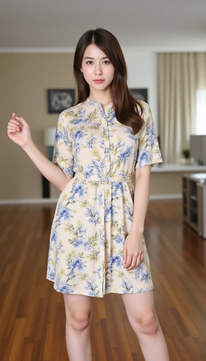 A slender young woman stands confidently on corporate room, donning a striking cotton flower living dress . Her hair is long brown, drawing attention to her slender figure.,boyfriendshirt,d4st3r