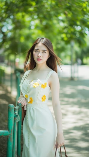 A serene woman stands on a sunny sidewalk, her long brown hair blowing gently in the breeze. She wears a sleeveless white dress, adorned with vibrant yellow flowers, as she leans against a weathered green metal fence. Her left hand cradles a brown purse, while her right arm is relaxed by her side. The lush green trees behind her blur into a soft focus, punctuated by splashes of color from the bright flowers and her dress.