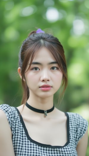 A young Asian woman's face fills the frame as she gazes directly into the camera. Her long brown hair is tied back in a sleek ponytail, secured with a purple barrette at the crown. A black choker adorns her neck, complementing the black collar on her checkered short-sleeved shirt. The blurred greenery backdrop creates a sense of depth and serenity around her features.