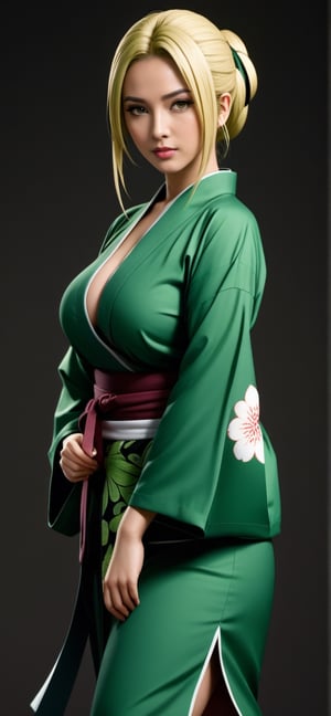 drawing, dramatic, 1girl, 21 years old cute girl, tsunade, green kimono, fit body, sagging breasts, standing, simple background, dark background