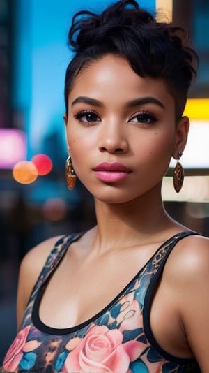 A stunning young Black mixed-race woman with a bold tattoo on her arm, poses confidently against the vibrant backdrop of a bustling city. Her oval-shaped face is framed by a radiant glow, accentuating her frosty-pink lips and small earrings. Every detail, from the intricate design on her tattoo to the fine lines on her face, exudes high-quality craftsmanship. The photorealistic image captures the essence of urban beauty.