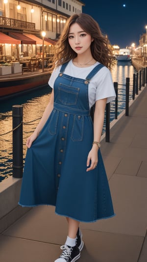 (masterpiece, realistic, best quality, ultra detailed), intricate, professional photography, sharp focus, (8k UHD), RAW photo, dslr, perfect lighting, professional lighting,  1girl wearing denim sundress, sneakers, brown wavy hair, background, harbor, night, night sky,