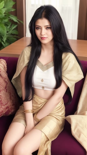 beautiful cute young attractive indian, village girl, 28 years old, cute, Instagram model, long black_hair, colorful hair, warm, dacing, in home sit at sofa, indian, wearing Indian traditional clothes