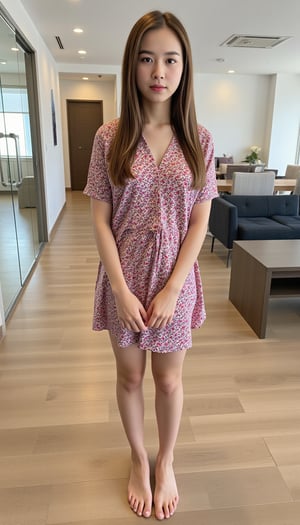 A slender young woman stands confidently on corporate room, donning a striking fabric flower dress . Her hair is long brown, drawing attention to her slender figure.,boyfriendshirt