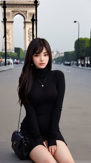 background is the Arc de Triomphe,triumphal arch,Paris,
18 yo, 1 girl, beautiful korean girl,
wearing tight black sweater(turtle neck,simple),tight leather short skirt,black long boots,shoulder bag, smile, solo, {beautiful and detailed eyes}, dark eyes, calm expression, delicate facial features, ((model pose)), Glamor body type, (dark hair:1.2), simple tiny earrings, simple tiny necklace,very_long_hair, hair past hip, bangs, curly hair, flim grain, realhands, masterpiece, Best Quality, 16k, photorealistic, ultra-detailed, finely detailed, high resolution, perfect dynamic composition, beautiful detailed eyes, eye smile, ((nervous and embarrassed)), sharp-focus, full_body, cowboy_shot,penis penetration