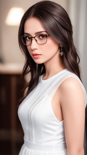 (masterpiece, realistic, best quality, ultra detailed), intricate, professional photography, HDR, High Dynamic Range, (8k UHD), RAW photo, dslr, realistic LUT, cinematic LUT, perfect lighting, professional lighting, cinematic lighting, cinematic shadows, iridescent lighting, Stunning, young, woman, Long hair, Brown hair, Round eyes, Hazel eyes, glasses, Parted lips, Peach lips, Natural makeup, Confident, Fit body, Standing, wearing white sheer dress,1 girl