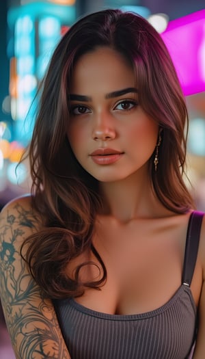 A stunning young woman with a bold tattoo on her arm, poses confidently against the vibrant backdrop of a bustling city. Her oval-shaped face is framed by a radiant glow, accentuating her frosty-pink lips and small earrings. Every detail, from the intricate design on her tattoo to the fine lines on her face, exudes high-quality craftsmanship. The photorealistic image captures the essence of urban beauty.