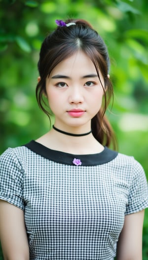 A young Asian woman's face fills the frame as she gazes directly into the camera. Her long brown hair is tied back in a sleek ponytail, secured with a purple barrette at the crown. A black choker adorns her neck, complementing the black collar on her checkered short-sleeved shirt. The blurred greenery backdrop creates a sense of depth and serenity around her features.