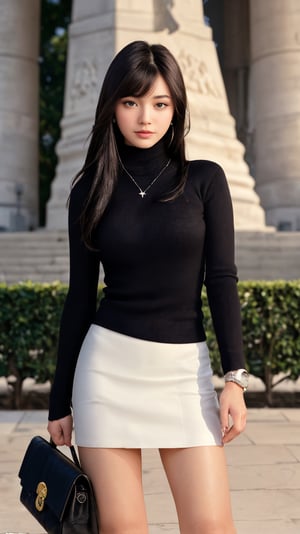 background is the Arc de Triomphe,triumphal arch,Paris,
18 yo, 1 girl, beautiful korean girl,
wearing tight black sweater(turtle neck,simple),tight leather short skirt,black long boots,shoulder bag, smile, solo, {beautiful and detailed eyes}, dark eyes, calm expression, delicate facial features, ((model pose)), Glamor body type, (dark hair:1.2), simple tiny earrings, simple tiny necklace,very_long_hair, hair past hip, bangs, curly hair, flim grain, realhands, masterpiece, Best Quality, 16k, photorealistic, ultra-detailed, finely detailed, high resolution, perfect dynamic composition, beautiful detailed eyes, eye smile, ((nervous and embarrassed)), sharp-focus, full_body, cowboy_shot,penis penetration
