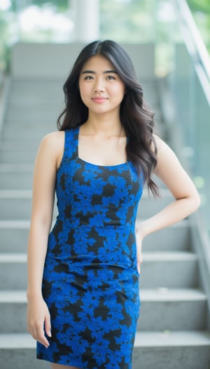 A medium-Asian-woman stands at eye-level, hair cascading over shoulders, left hand resting on hip. Sleeveless dress with blue flower pattern adds vibrant pop against blurred stair backdrop, her figure prominent amidst soft focus.