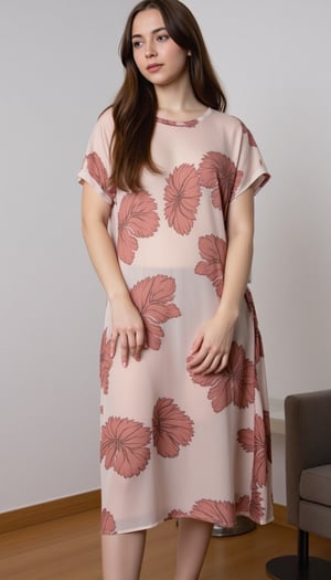 A slender young woman stands confidently on corporate room, donning a striking sheer silk flower oversize dress . Her hair is long brown, drawing attention to her slender figure.,boyfriendshirt,d4st3r