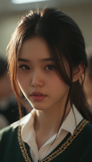 a girl with, full body, at school, beautiful detailed eyes, beautiful detailed lips, extremely detailed eyes and face, long eyelashes, cinematic lighting, muted colors, realistic, photorealistic, 8k, high quality, masterpiece