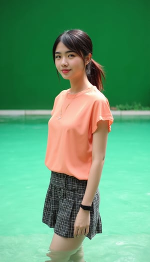 a young Asian woman stands in front of a pool of water. She is dressed in a salmon colored short-sleeved blouse and a black and white plaid skirt. Her hair is pulled back in a ponytail, adding a touch of color to her outfit. The backdrop is a vibrant shade of green, providing a soft glow to the scene.