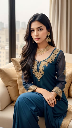 beautiful cute young attractive girl indian, teenage girl,18 year old,cute, instagram model,long black hair . Envision a Pakistani girl in a beautiful Blue shalwar kameez, seated elegantly in a luxurious hotel lounge, her chest subtly emphasized, exuding confidence and grace, adorned with exquisite jewelry including dangling earrings, Paperwork, intricate paper cutting with layered textures and delicate patterns, --ar 16:9 --v 5