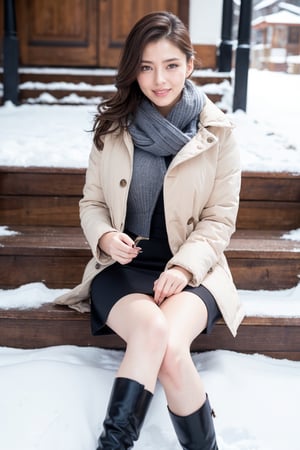(Best quality, 8k, 32k, Masterpiece, UHD:1.2),Photo of Pretty  woman, stunning, 1girl, (medium dark brown ponytail), double eyelid, natural medium-large breasts, slender legs, tall body, soft curves, skin pores, white coat, knit dress shirt, checkered skirt, red scarf, snow heeled boot, sitting on stairs on shrine, snowy shrine, heavy snow on shrine, fashion model posing, unforgettable beauty, look at viewer, sexy smile, closed to up, lifelike rendering, detailed facial features, detailed real skin texture, detailed details