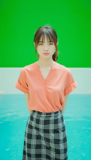 a young Asian woman stands in front of a pool of water. She is dressed in a salmon colored short-sleeved blouse and a black and white plaid skirt. Her hair is pulled back in a ponytail, adding a touch of color to her outfit. The backdrop is a vibrant shade of green, providing a soft glow to the scene.