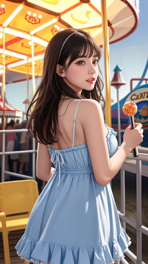 masterpiece, best quality, ultra resolution, ultra realistic, absurdres, 
1girl, 21 years old cute girl,petite body, frill dress, (large breasts), (Beach boardwalk, Amusement park, Ferris wheel, Carousel, Arcade, Rollercoaster),Nor4