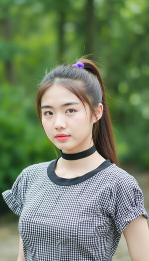 A young Asian woman's face fills the frame as she gazes directly into the camera. Her long brown hair is tied back in a sleek ponytail, secured with a purple barrette at the crown. A black choker adorns her neck, complementing the black collar on her checkered short-sleeved shirt. The blurred greenery backdrop creates a sense of depth and serenity around her features.