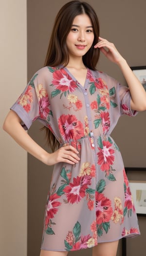 A slender young woman stands confidently on corporate room, donning a striking sheer silk flower oversize dress . Her hair is long brown, drawing attention to her slender figure.,boyfriendshirt,d4st3r