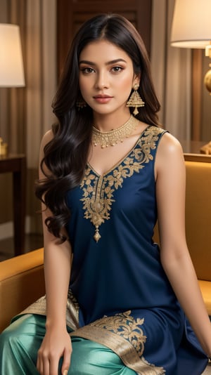 beautiful cute young attractive girl indian, teenage girl,18 year old,cute, instagram model,long black hair . Envision a Pakistani girl in a beautiful Blue shalwar kameez, seated elegantly in a luxurious hotel lounge, her chest subtly emphasized, exuding confidence and grace, adorned with exquisite jewelry including dangling earrings, Paperwork, intricate paper cutting with layered textures and delicate patterns, --ar 16:9 --v 5