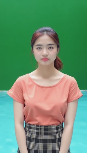 a young Asian woman stands in front of a pool of water. She is dressed in a salmon colored short-sleeved blouse and a black and white plaid skirt. Her hair is pulled back in a ponytail, adding a touch of color to her outfit. The backdrop is a vibrant shade of green, providing a soft glow to the scene.