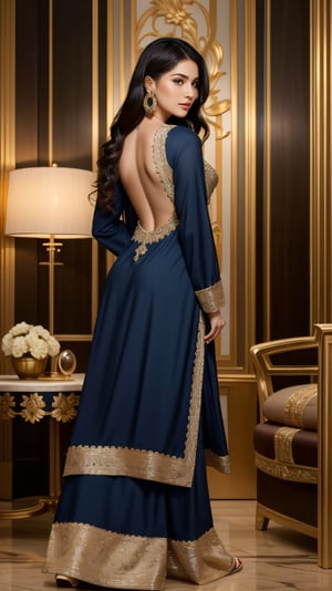 A stunning Pakistani girl, just 18 years old, dons a breathtaking blue shalwar kameez in a luxurious hotel lounge. Her long black hair cascades down her back as she sits elegantly, chest subtly accentuated. Adorned with exquisite jewelry, including dangling earrings, she exudes confidence and poise. Amidst the opulent atmosphere, intricate paper cutting artwork adorns the table, featuring layered textures and delicate patterns. Framed within a 16:9 aspect ratio, this stunning portrait captures her Instagram model charm.