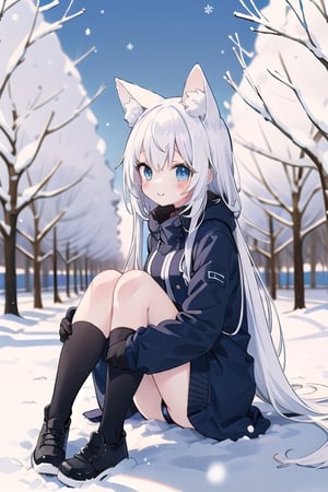 little girl , kemonomimi , white_hair , small_breasts , sitting , whole body , :) , Winter_clothes , long_hair , blue eyes , park , angel_ring ,falling_snow