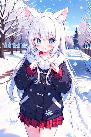 little girl , kemonomimi , white_hair , small_breasts , whole body , :) , Winter_clothes , long_hair , blue eyes , park , angel_ring ,falling_snow