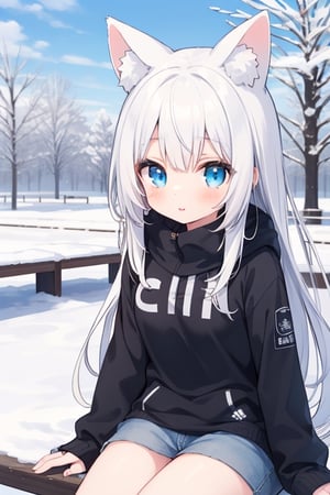 little girl , kemonomimi , white_hair , small_breasts , sitting , whole body , :) , Winter_clothes , long_hair , blue eyes , park , angel ring